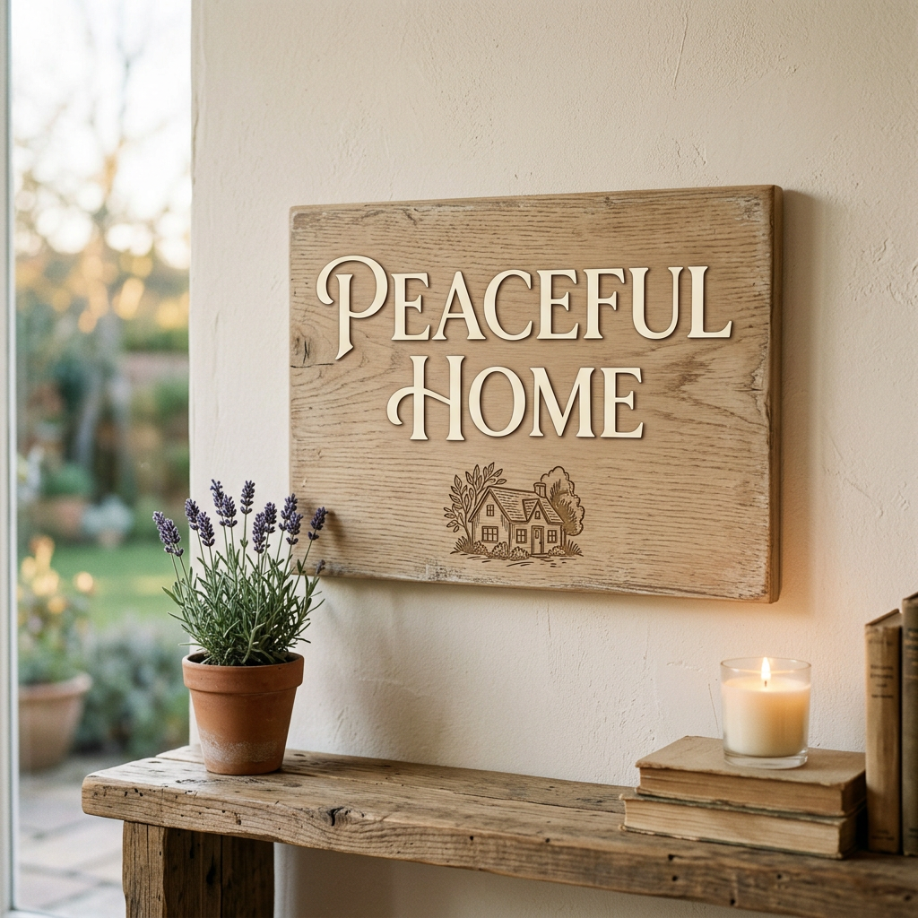 Wooden sign with the words 'Peaceful Home' and a small house illustration